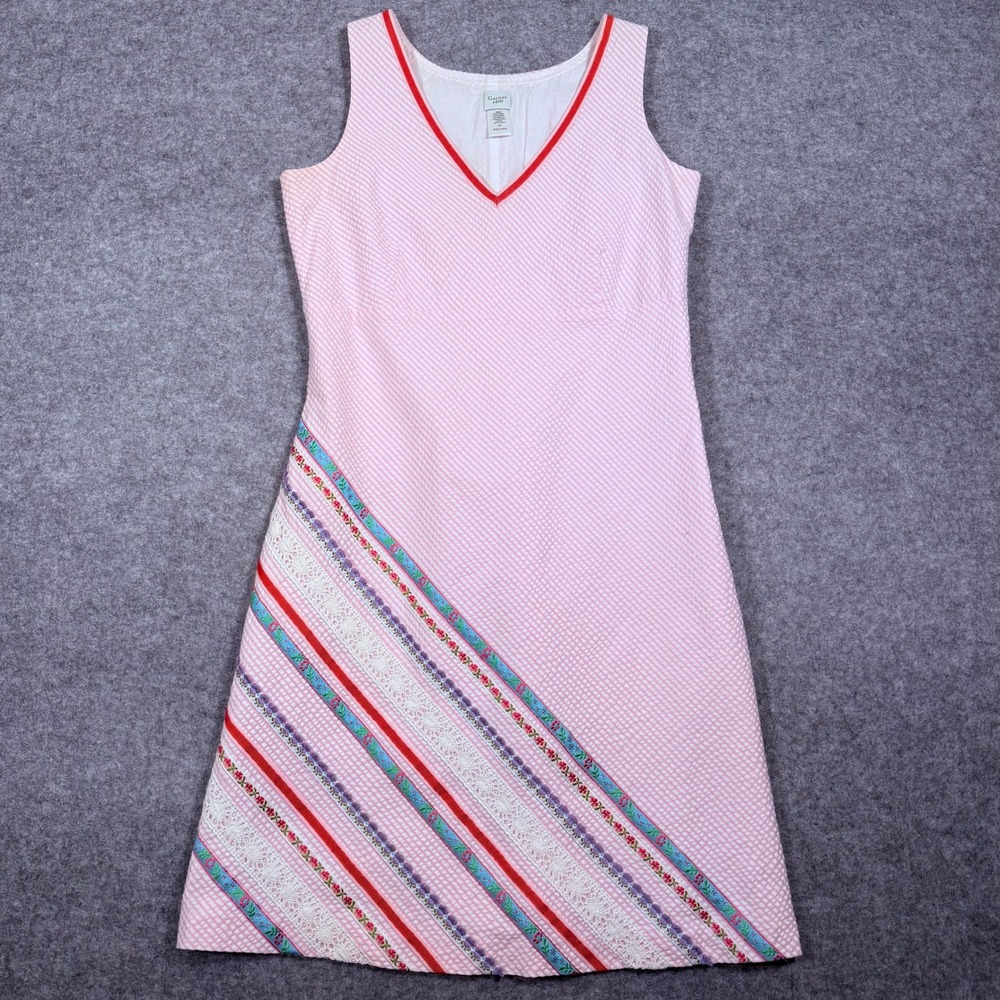 Garnet Hill Pink Seersucker Sleeveless Dress Floral Lace Trim Size 6 V-Neck